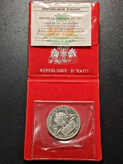 【德藏】世界币章拍卖第164期（拍品征集中~欢迎藏友联系） - 1977年 海地莫斯科奥运会50古德精制纪念银币 原包装 925银 直径约：36mm；重约：21.4g