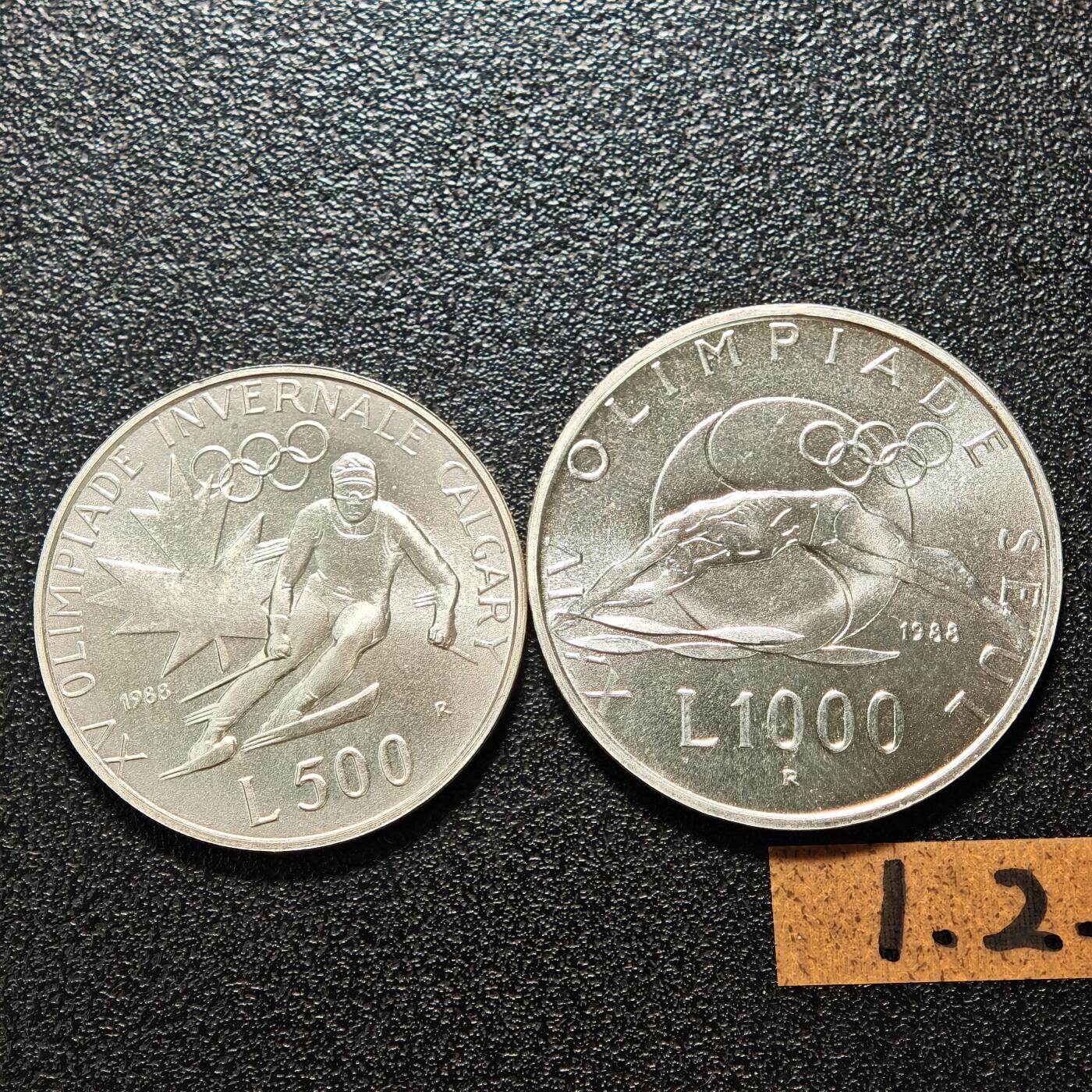 【德藏】世界币章拍卖第164期（拍品征集中~欢迎藏友联系） 1988年 圣马力诺第5届卡尔加里奥运会500、1000里拉纪念银币 835银 详细尺寸请看拍品介绍