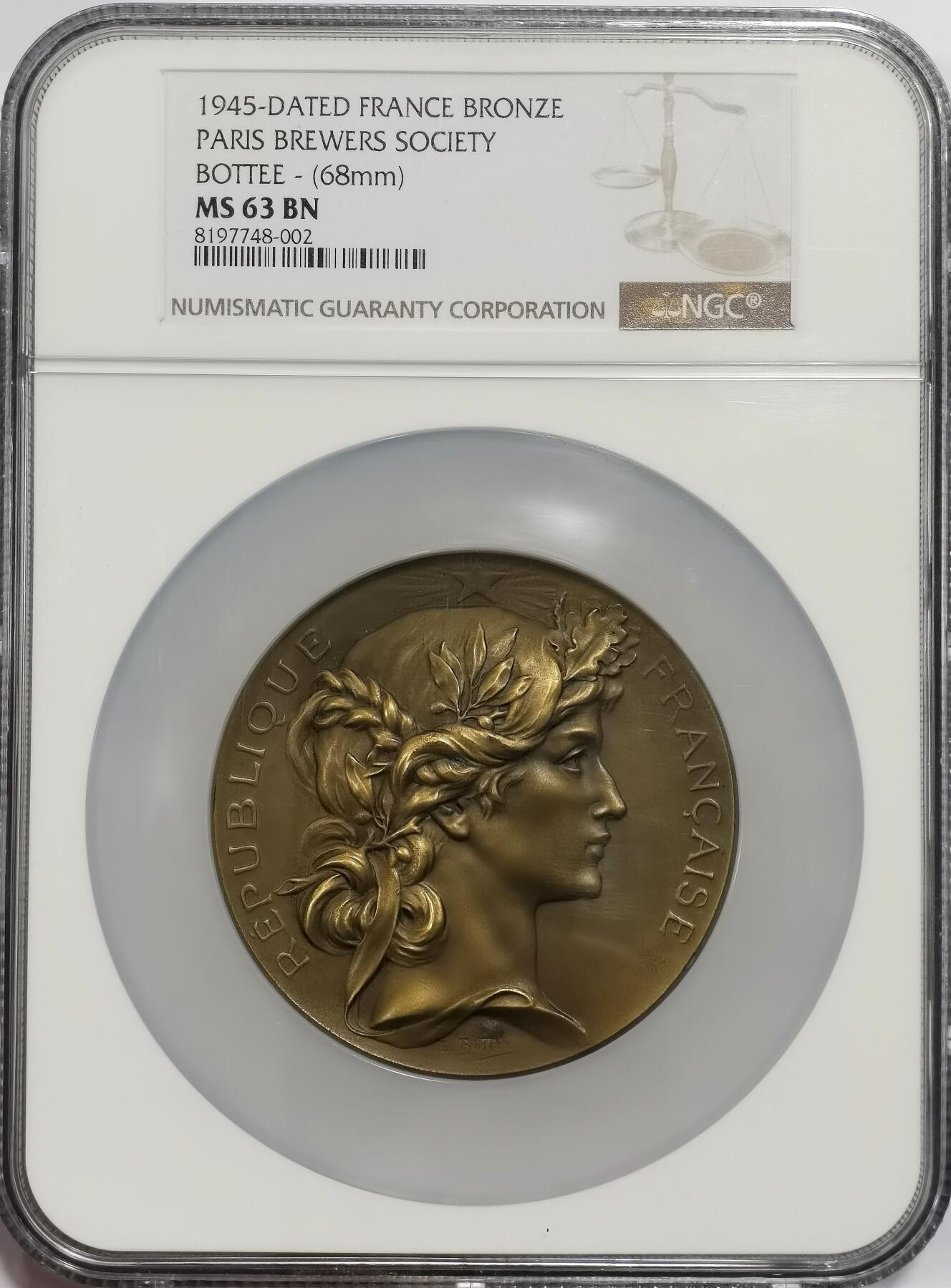 博洋堂“心向春光”2月精品大拍专场暨第160期（全场包邮） NGC MS63BN 法国1945年巴黎酿酒师协会铜章，68mm