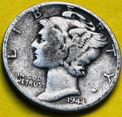 文馨钱币收藏第 293 场，春节前最后一期全部发出，将不予寄存，请悉知 - 1944 年美国墨丘利小飞人 10 美分银币 2.5 克 900 银