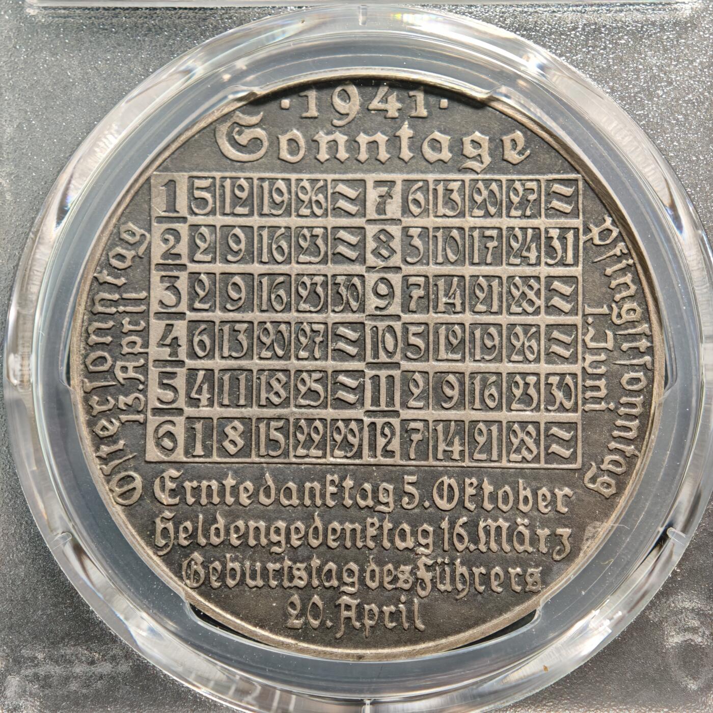 【德藏】世界币章拍卖第164期（拍品征集中~欢迎藏友联系） 1941年 德国民族社会主义工人党占领奥地利时期十二星座日历纪念银章 PCGS SP62 设计艺术感极强