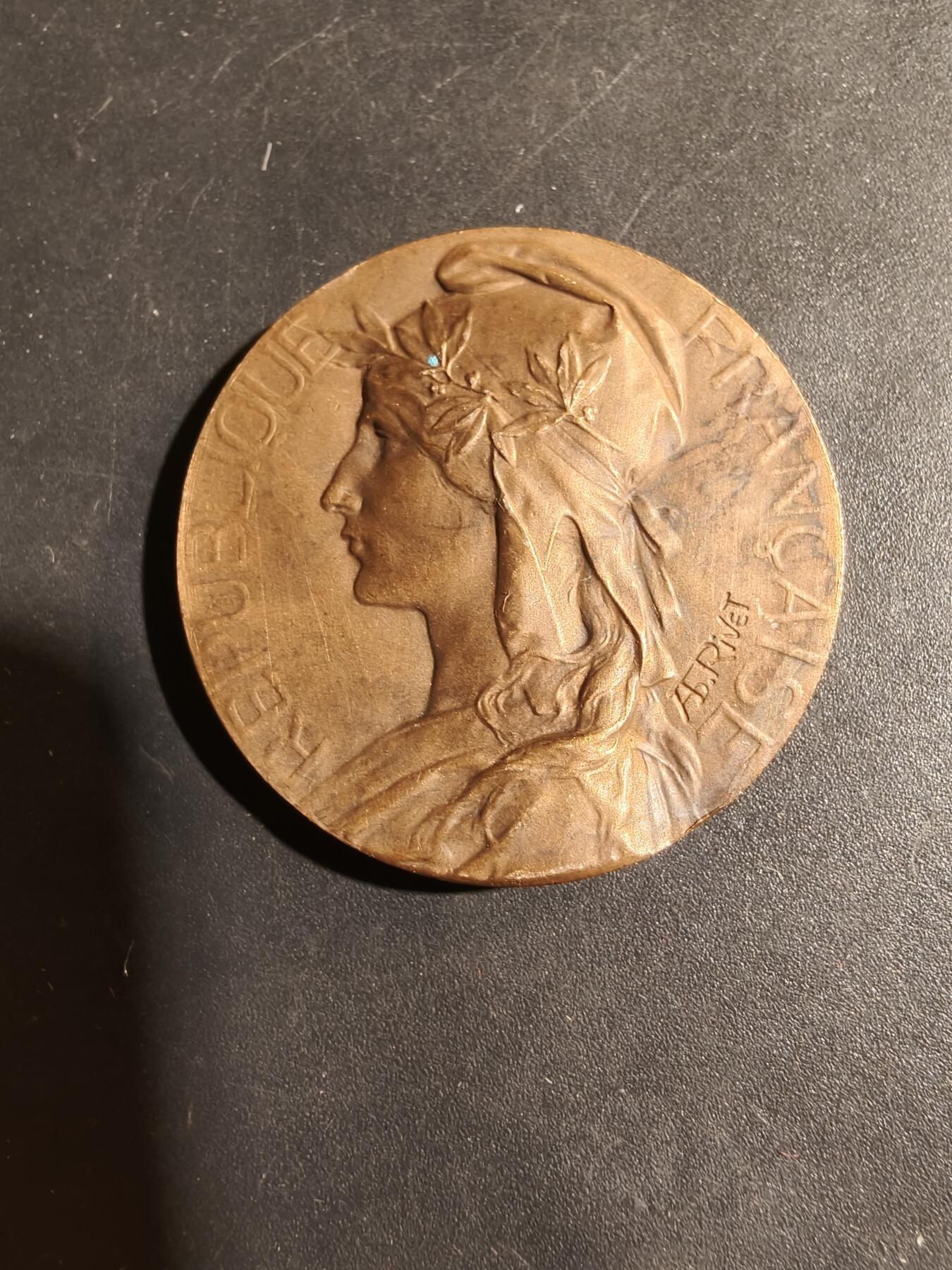 老王徽章第180期 法国教师协会大铜章    大师里维特作品     直径35mm    重量24g