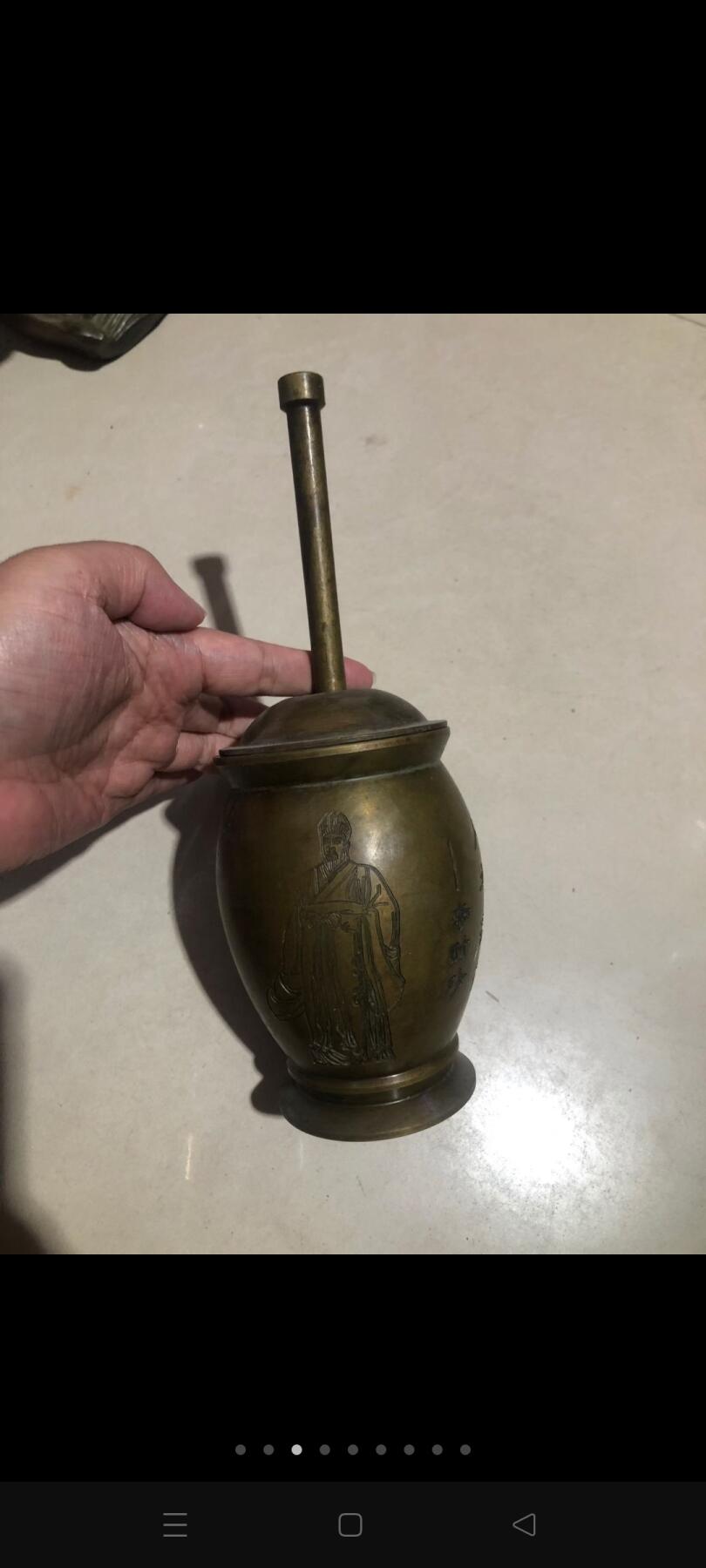 铜药缸，龙药碾子，龙药铡刀。一套三件，完整漂亮，做工精细，正常使用