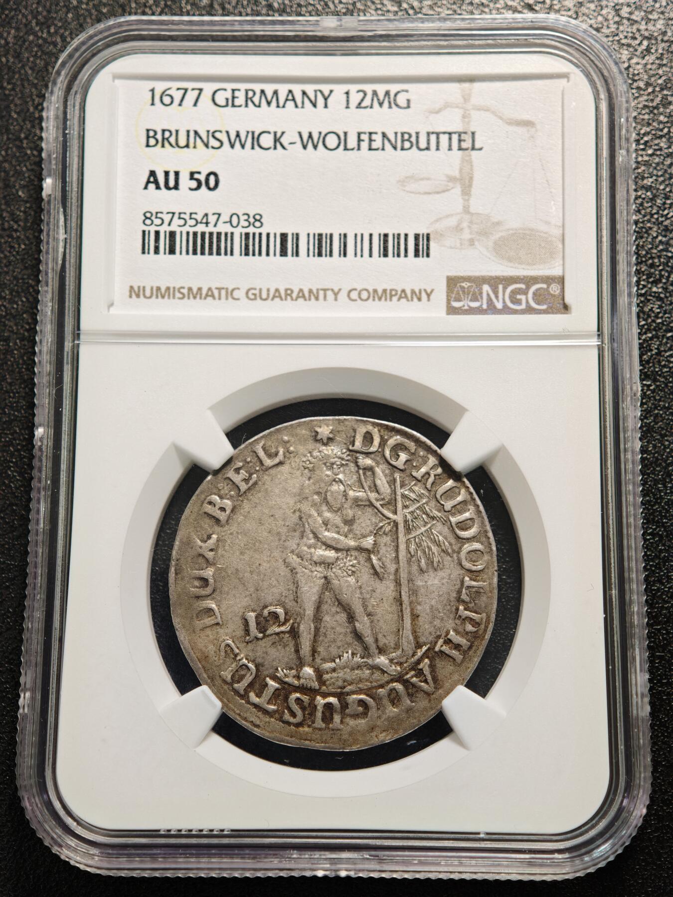 【德藏】世界币章拍卖第164期（拍品征集中~欢迎藏友联系） 1677年 德国布伦瑞克-沃尔芬比特尔12格罗申野人银币 NGC AU50