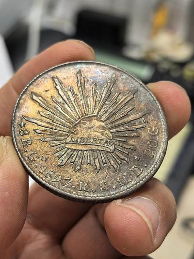 博洋堂“心向春光”2月精品大拍专场暨第160期（全场包邮） - 墨西哥1897年GO RS版鹰洋，非常绚丽的五彩包浆，正面的环五彩更是一绝，出ms的品相