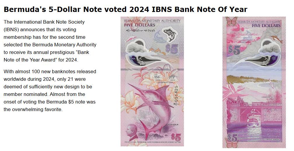 《艾美收藏》第231期-2.8周日外币精品(春节前收官)-世界最佳纸币特辑 百慕大2024年首发年初版首发A1冠5元PMG68E高分无47 剑鱼，24年IBNS获奖钞 Pick#64a