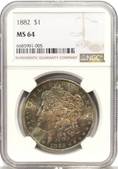 博洋堂“心向春光”2月精品大拍专场暨第160期（全场包邮） - NGC MS64 美国1882年P版摩根$1银币 非常见S版 两面均覆盖着均匀饱满的五彩包浆 色泽自然过渡 层次丰富 实属难得 品相近乎完美