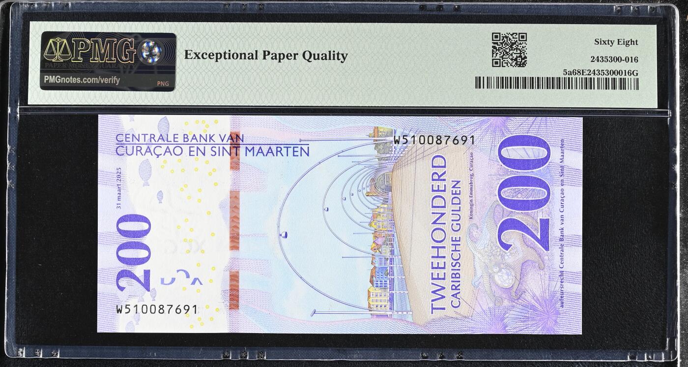 《艾美收藏》第231期-2.8周日外币精品(春节前收官)-世界最佳纸币特辑 库拉索和圣马丁2025年首发W5冠200盾PMG68E超高亚军分万位小号无4 海马 今年IBNS世界最佳纸币获奖钞大热品种 Pick#5a 库拉索量少难上分 如获奖价格必定大涨