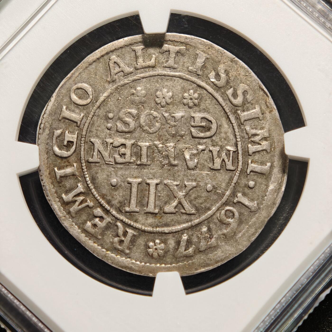 【德藏】世界币章拍卖第164期（拍品征集中~欢迎藏友联系） 1677年 德国布伦瑞克-沃尔芬比特尔12格罗申野人银币 NGC AU50