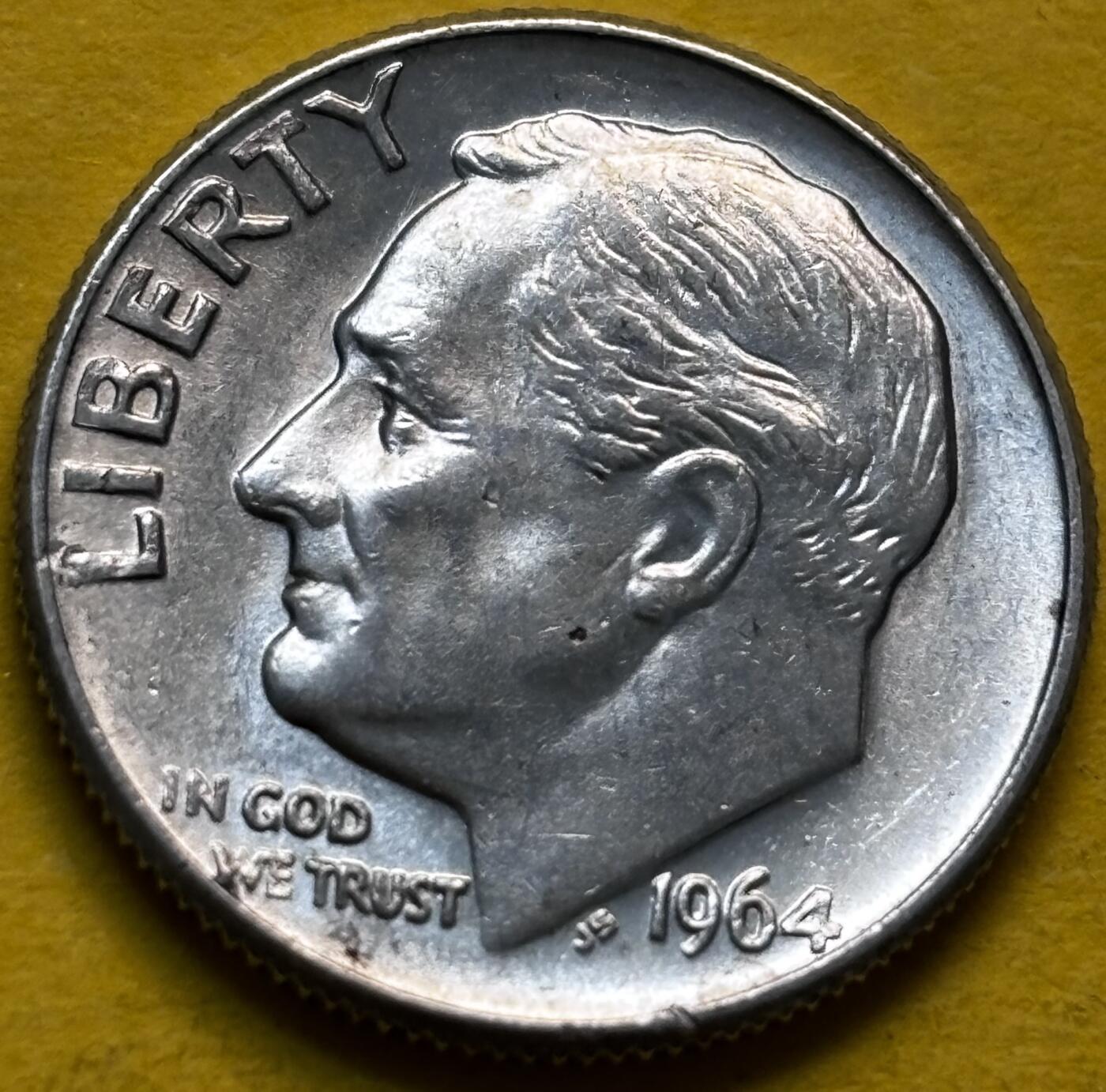 文馨钱币收藏第 293 场，春节前最后一期全部发出，将不予寄存，请悉知 原光好品 1964 年美国罗斯福 10 美分银币 D 版 2.5 克 900 银