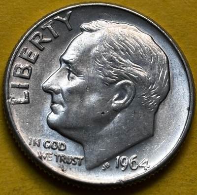 文馨钱币收藏第 293 场，春节前最后一期全部发出，将不予寄存，请悉知 - 原光好品 1964 年美国罗斯福 10 美分银币 D 版 2.5 克 900 银