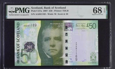 《艾美收藏》第231期-2.8周日外币精品(春节前收官)-世界最佳纸币特辑 - 苏格兰2007年首发年初版首发AA冠50镑次高值PMG68E超高分少见倒置号 更高分仅2张 欧洲历史小说之父 沃尔特·司各特 07年IBNS获奖钞 Pick#127a