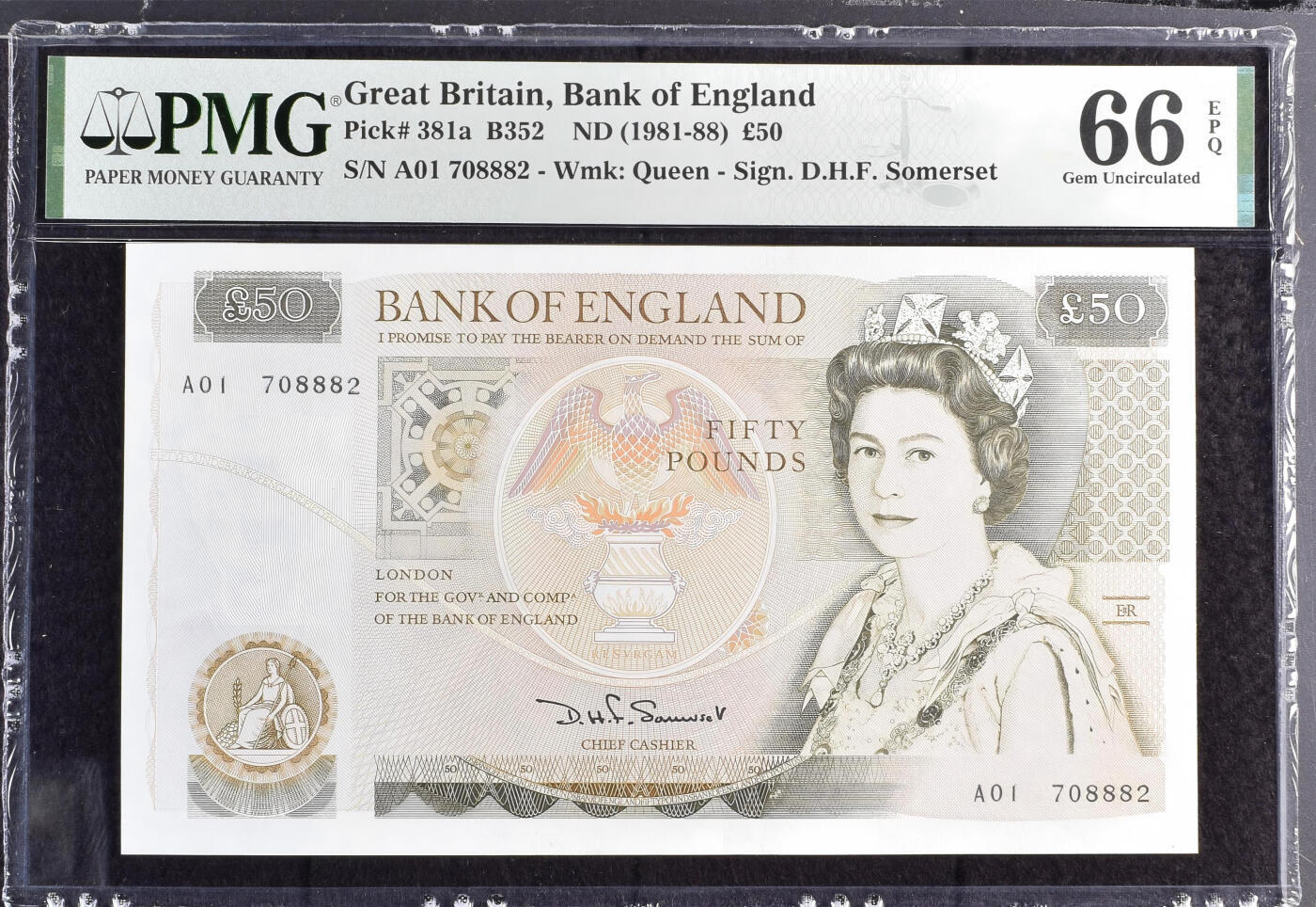 《艾美收藏》第231期-2.8周日外币精品(春节前收官)-世界最佳纸币特辑 英国D序列1981年初版首签A01冠50镑最高值PMG66E无4 D.H.F. Somerset签名 Pick#381a