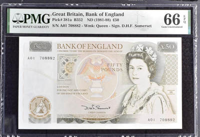 《艾美收藏》第231期-2.8周日外币精品(春节前收官)-世界最佳纸币特辑 - 英国D序列1981年初版首签A01冠50镑最高值PMG66E无4 D.H.F. Somerset签名 Pick#381a