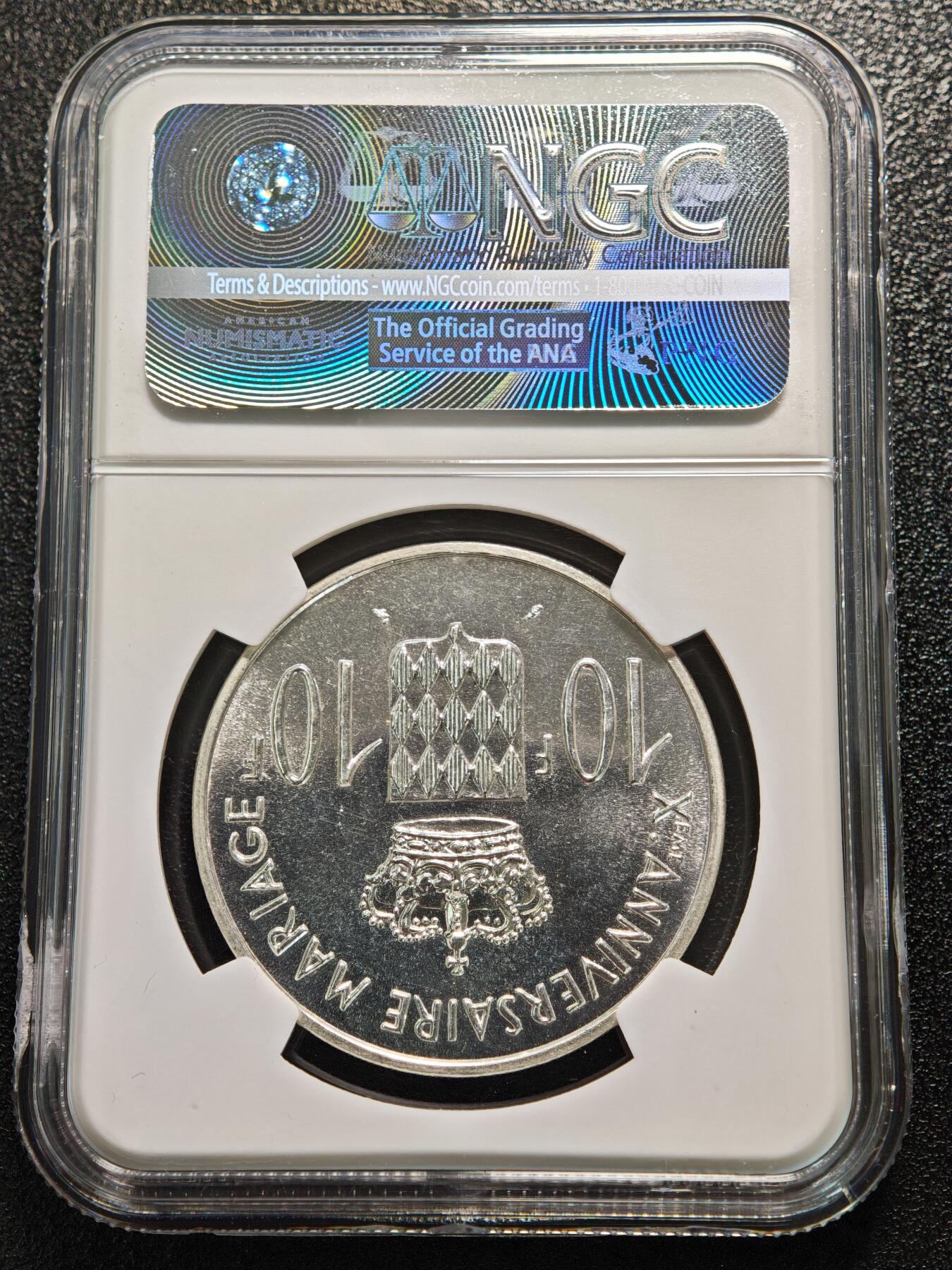 【德藏】世界币章拍卖第164期（拍品征集中~欢迎藏友联系） 1966年 摩纳哥查理三世结婚十周年10法郎纪念银币 NGC MS61