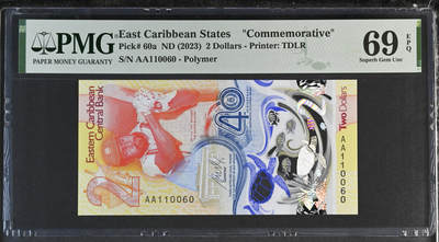 《艾美收藏》第231期-2.8周日外币精品(春节前收官)-世界最佳纸币特辑 - 东加勒比2023年首发年初版首发2元PMG69E亚军分少见数三倒置号，冠军70分仅4张，央行成立40周年纪念钞，23年IBNS获奖钞 Pick#60a