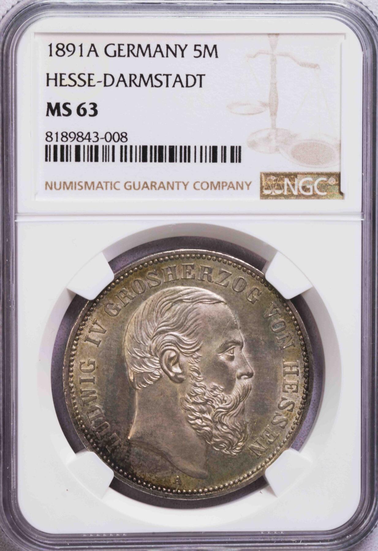 NGC-MS63 1891黑森达姆斯塔特5马克 马克系列里的精品