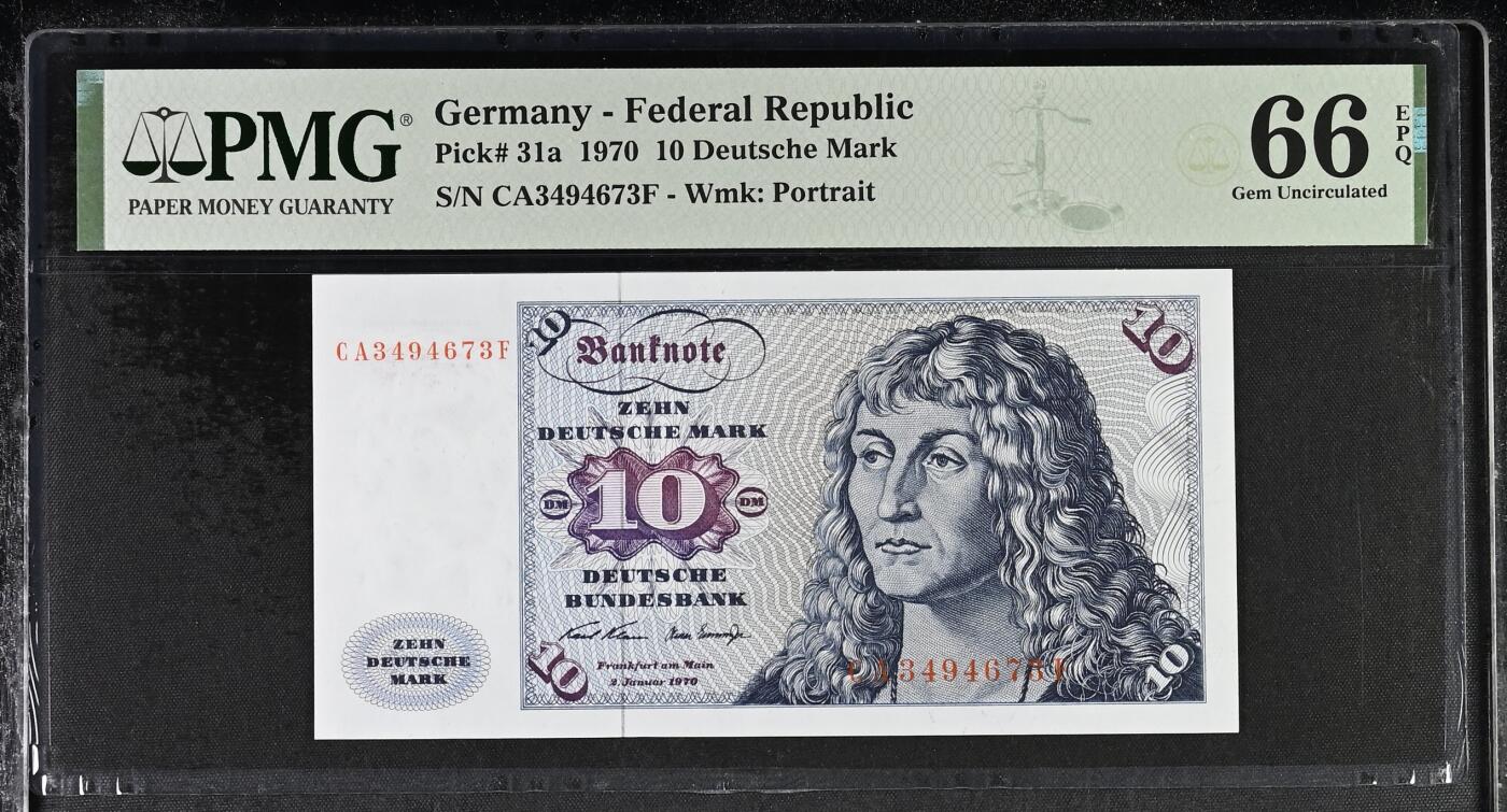 《艾美收藏》第231期-2.8周日外币精品(春节前收官)-世界最佳纸币特辑 德国1970年10马克PMG66E Pick#31a首签，正面德国画家阿尔布雷特·丢勒名画Young man，背面German Navy training ship 