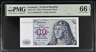 《艾美收藏》第231期-2.8周日外币精品(春节前收官)-世界最佳纸币特辑 - 德国1970年10马克PMG66E Pick#31a首签，正面德国画家阿尔布雷特·丢勒名画Young man，背面German Navy training ship "Gorch Fock"