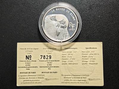 【德藏】世界币章拍卖第164期（拍品征集中~欢迎藏友联系） - 1997年 法国克里姆特的"吻"10法郎精制纪念银币 900银 直径约：37mm；重约：22.2g