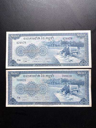 桂P钱币文化工作室拍卖第四十六期，岁末年初专场 - 柬埔寨1972年 100瑞尔 ，蓝色耕牛，两种不同版，美钞公司版少见