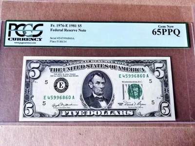 【礼羽收藏】🌏世界钱币拍卖第123期 - 美国 1981年5美元 联邦储备券 PCGS65EPQ