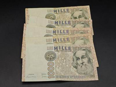 【淘币小摊】实时拍第八百六十四拍   无佣金纸币福利场   年前最后一周 之前的预留小年前全部发出 请更换最新收货地址  - 意大利1000里拉纸币5张【有折】