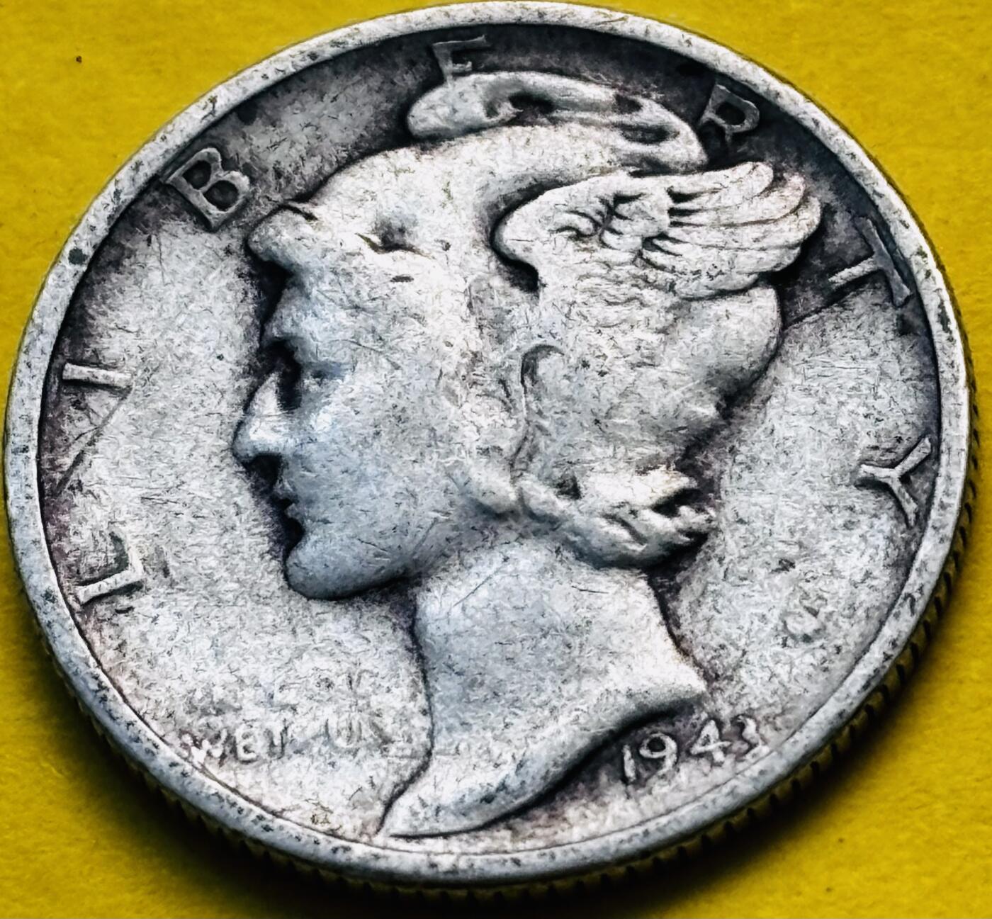 文馨钱币收藏第 293 场，春节前最后一期全部发出，将不予寄存，请悉知 1943 年美国墨丘利小飞人 10 美分银币 2.5 克 900 银 S 版