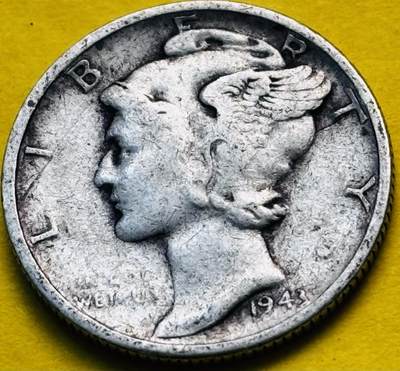 文馨钱币收藏第 293 场，春节前最后一期全部发出，将不予寄存，请悉知 - 1943 年美国墨丘利小飞人 10 美分银币 2.5 克 900 银 S 版