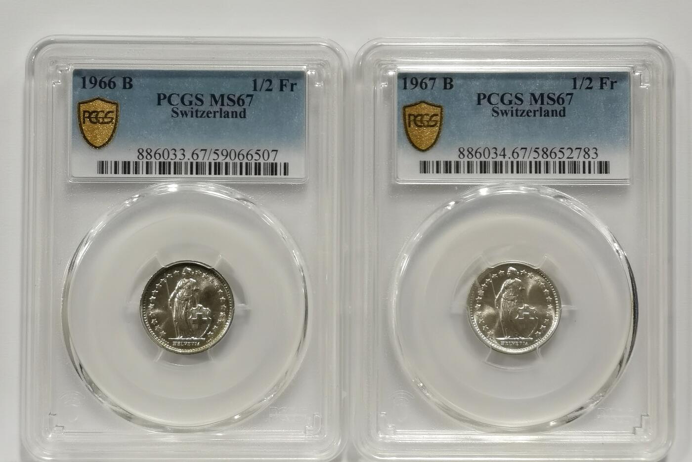 博洋堂“心向春光”2月精品大拍专场暨第160期（全场包邮） PCGS MS67 瑞士1966/67年1/2法郎二枚一组
