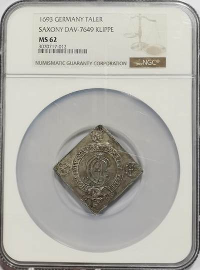 博洋堂“心向春光”2月精品大拍专场暨第160期（全场包邮） - NGC MS62 1693年德国萨克森方型泰勒Klippe 纪念约翰奥格尔格四世接受嘉德勋章而铸造的馈赠币，深打带底光，设计精美，非常漂亮