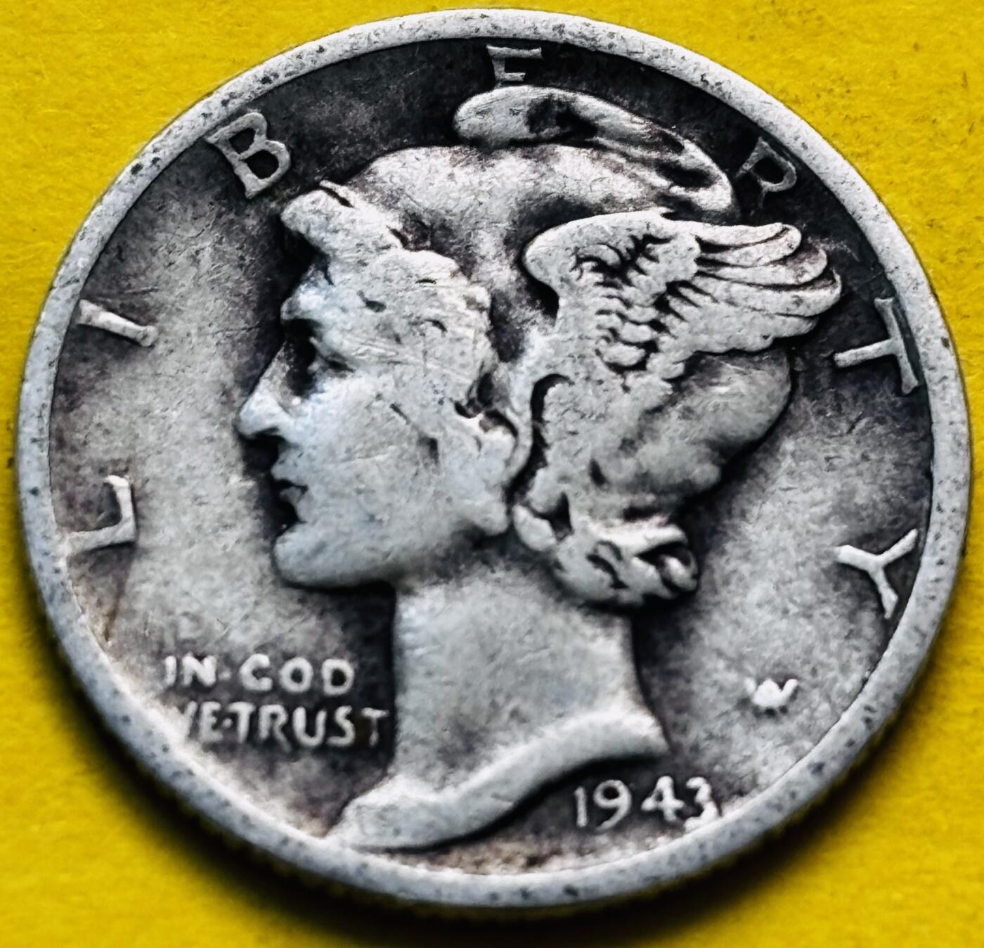 文馨钱币收藏第 293 场，春节前最后一期全部发出，将不予寄存，请悉知 1943 年美国墨丘利小飞人 10 美分银币 2.5 克 900 银 D 版