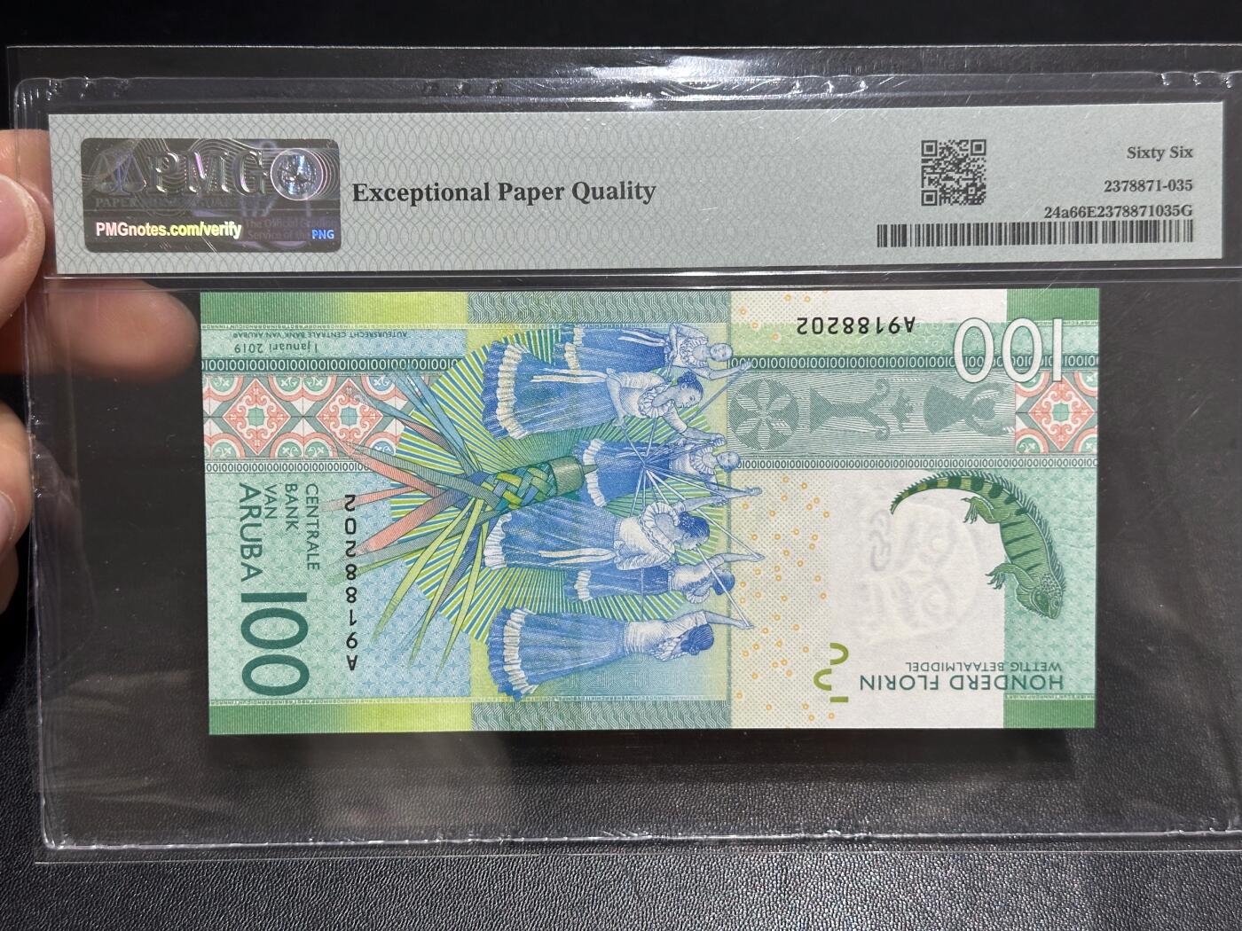 《外钞收藏家》第六百零八期（精选场）（本平台长期征集拍品、欢迎藏友们联系合作） 2019年阿鲁巴100福林 PMG66 获奖钞 无47 A冠