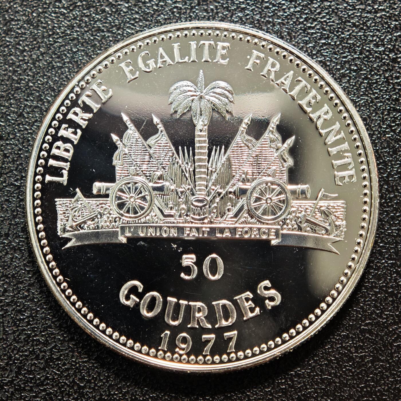 【德藏】世界币章拍卖第164期（拍品征集中~欢迎藏友联系） 1977年 海地莫斯科奥运会50古德精制纪念银币 原包装 925银 直径约：36mm；重约：21.4g