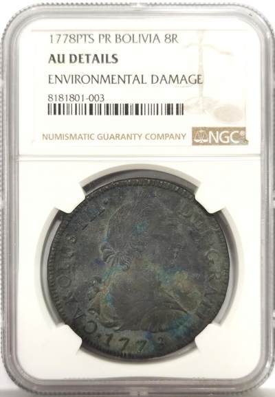 博洋堂“心向春光”2月精品大拍专场暨第160期（全场包邮） - NGC AU 西属玻利维亚1778年PTS PR卡洛斯三世双柱8R，生坑包浆好味道