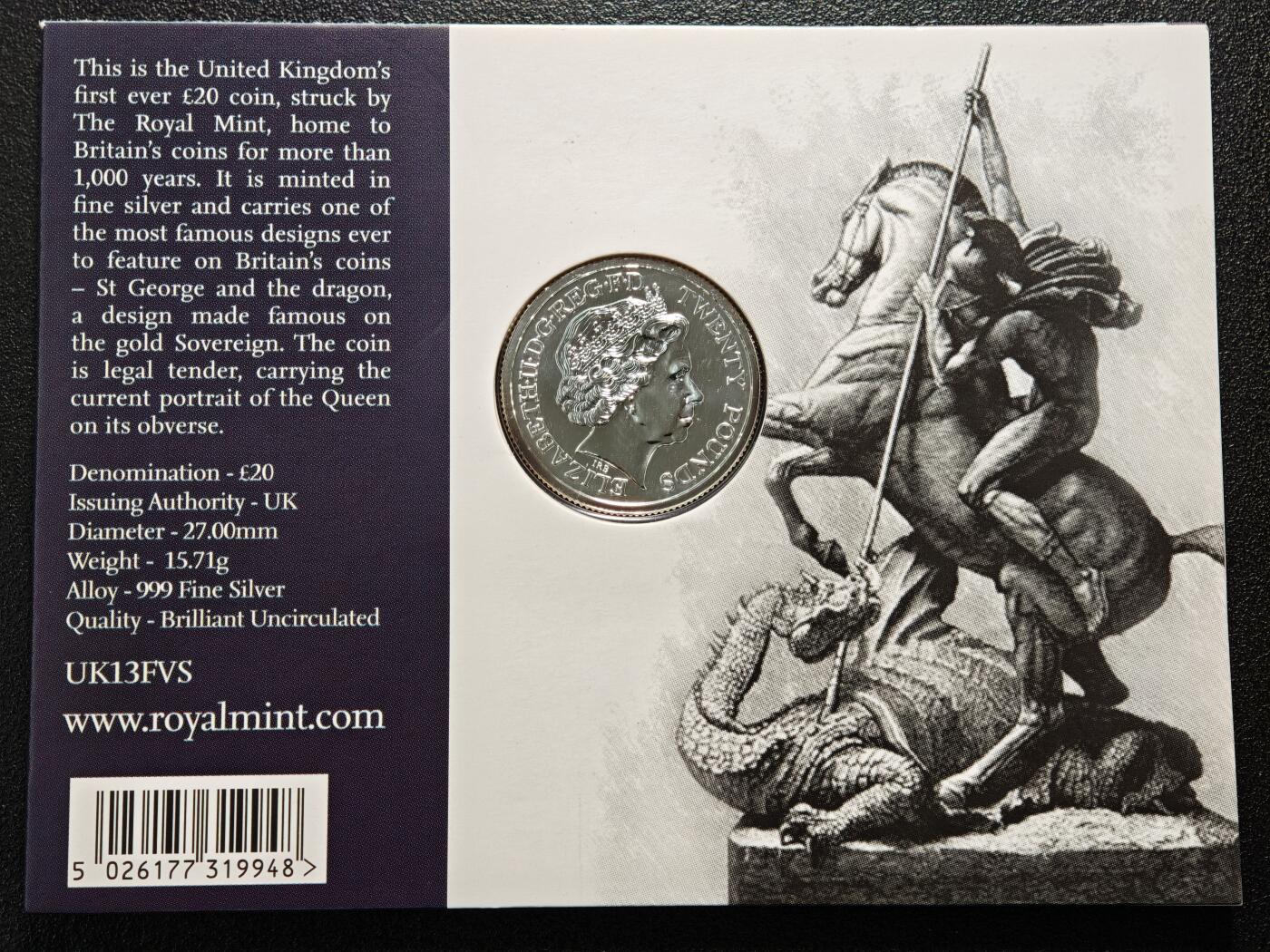 【德藏】世界币章拍卖第164期（拍品征集中~欢迎藏友联系） 2013年 英国圣乔治屠龙纪念银币 原册 999银 直径约：27mm；重约：15.71g