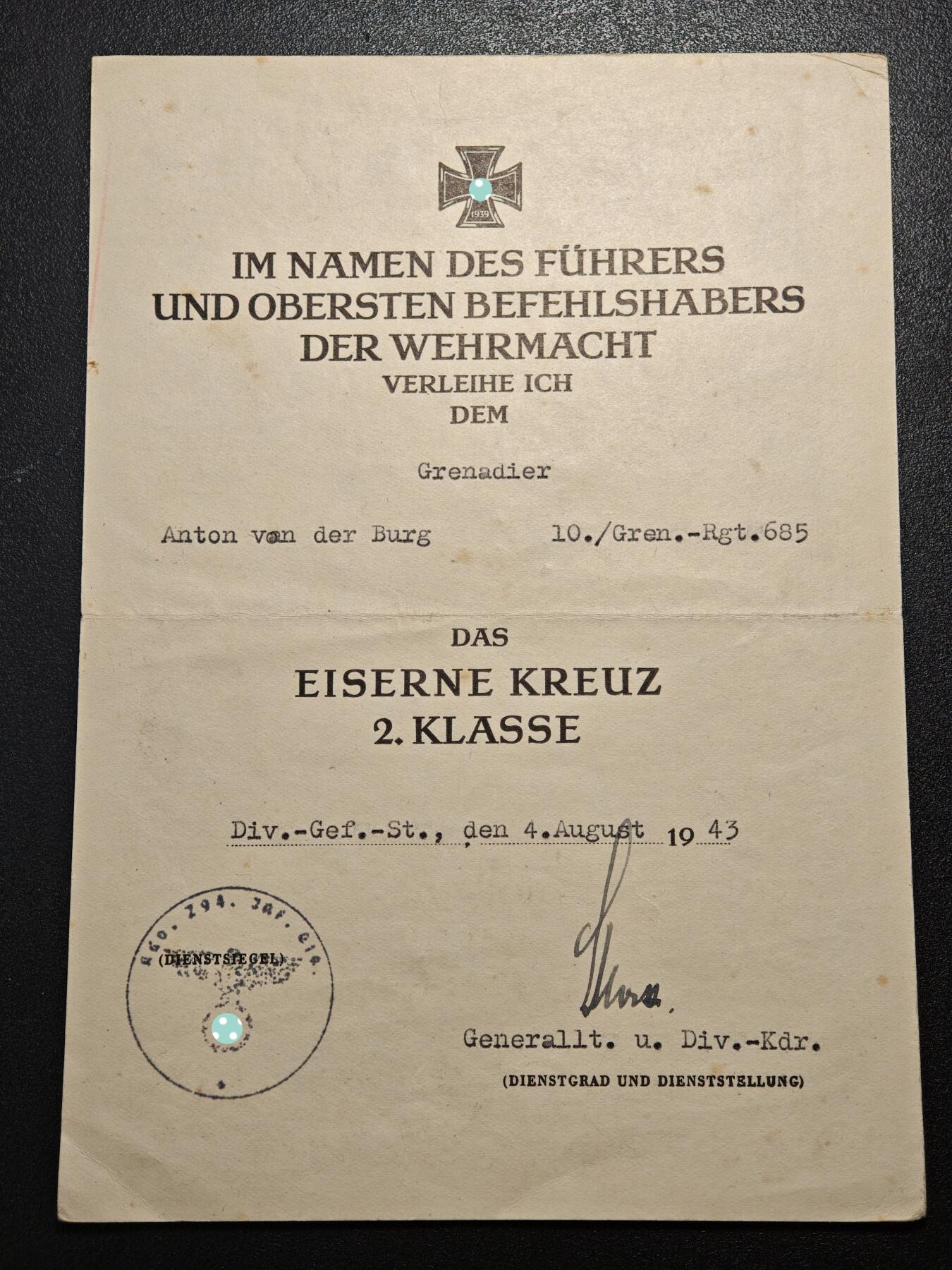 【德藏】世界币章拍卖第164期（拍品征集中~欢迎藏友联系） 德国民族社会主义工人党铁十字勋章证书 1943 尺寸约14.1mm×20mm（原图请联系客服）