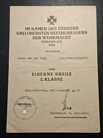 【德藏】世界币章拍卖第164期（拍品征集中~欢迎藏友联系） - 德国民族社会主义工人党铁十字勋章证书 1943 尺寸约14.1mm×20mm（原图请联系客服）
