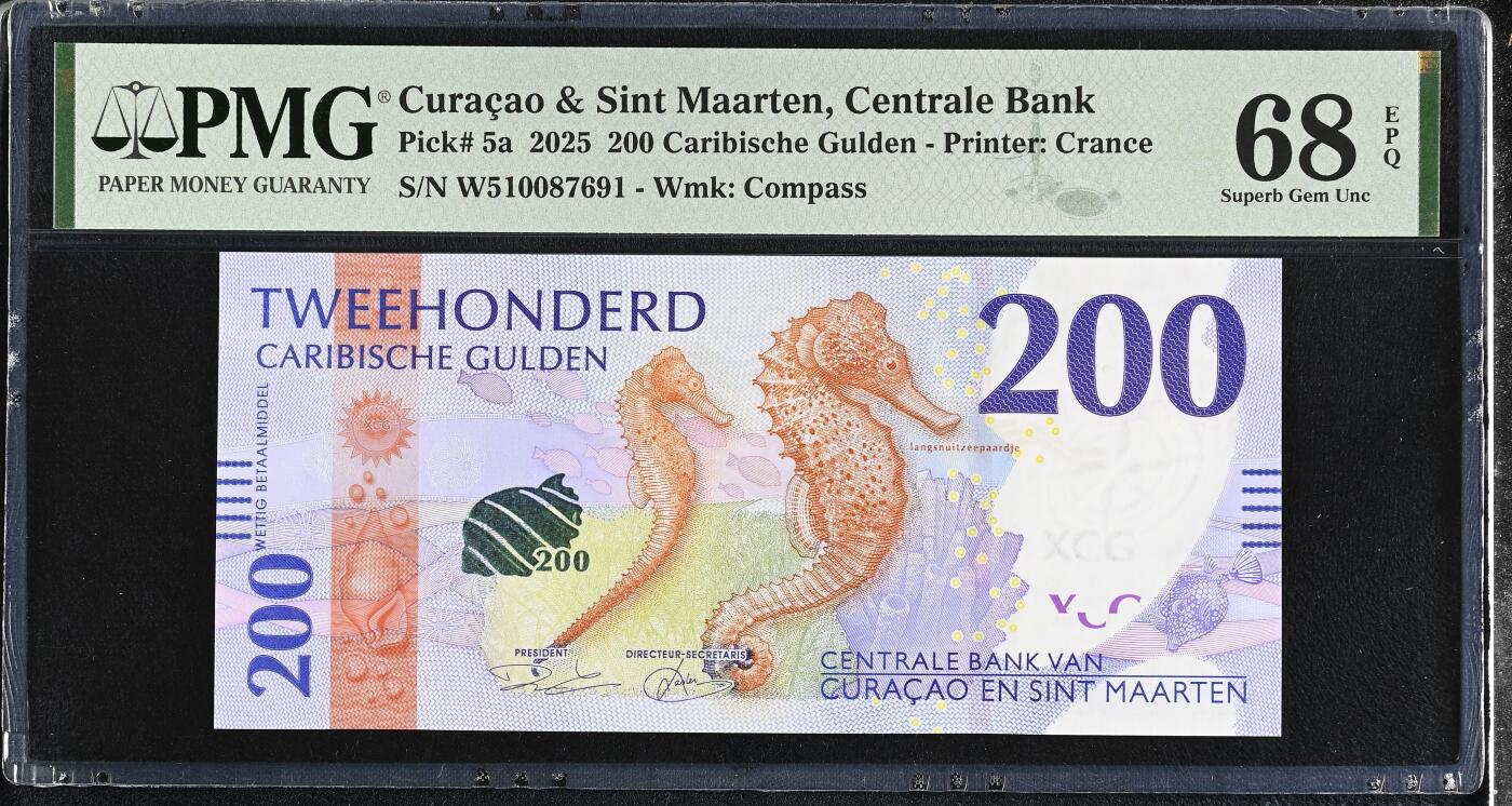 《艾美收藏》第231期-2.8周日外币精品(春节前收官)-世界最佳纸币特辑 库拉索和圣马丁2025年首发W5冠200盾PMG68E超高亚军分万位小号无4 海马 今年IBNS世界最佳纸币获奖钞大热品种 Pick#5a 库拉索量少难上分 如获奖价格必定大涨