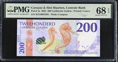 《艾美收藏》第231期-2.8周日外币精品(春节前收官)-世界最佳纸币特辑 - 库拉索和圣马丁2025年首发W5冠200盾PMG68E超高亚军分万位小号无4 海马 今年IBNS世界最佳纸币获奖钞大热品种 Pick#5a 库拉索量少难上分 如获奖价格必定大涨