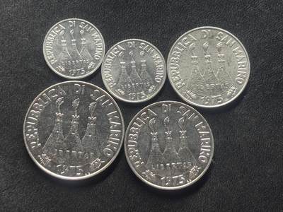 邮泉阁限时拍卖第四十一场（硬币在国外。请付邮费6元。） - 圣马力诺1975年5枚