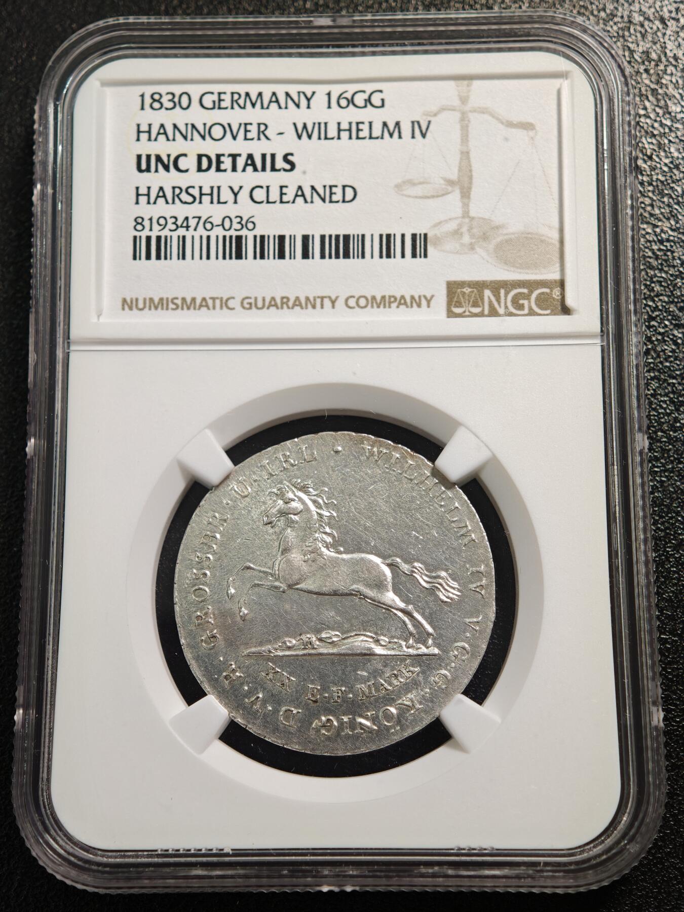 【德藏】世界币章拍卖第164期（拍品征集中~欢迎藏友联系） 1830年 德国汉诺威16古特格罗申银币 NGC UNC