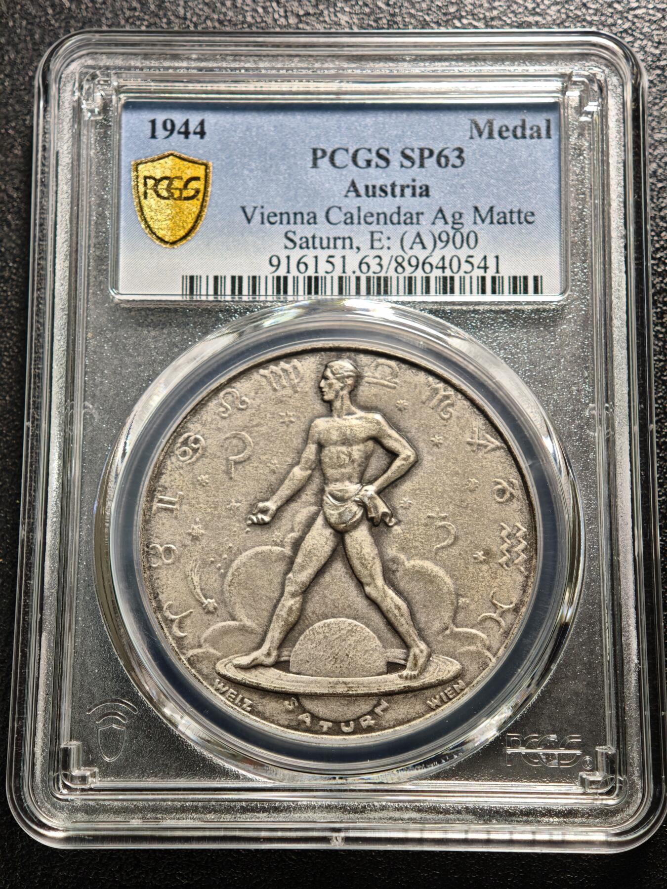 【德藏】世界币章拍卖第164期（拍品征集中~欢迎藏友联系） 1944年 德国民族社会主义工人党占领奥地利时期十二星座符号播种者日历纪念银章 PCGS SP63