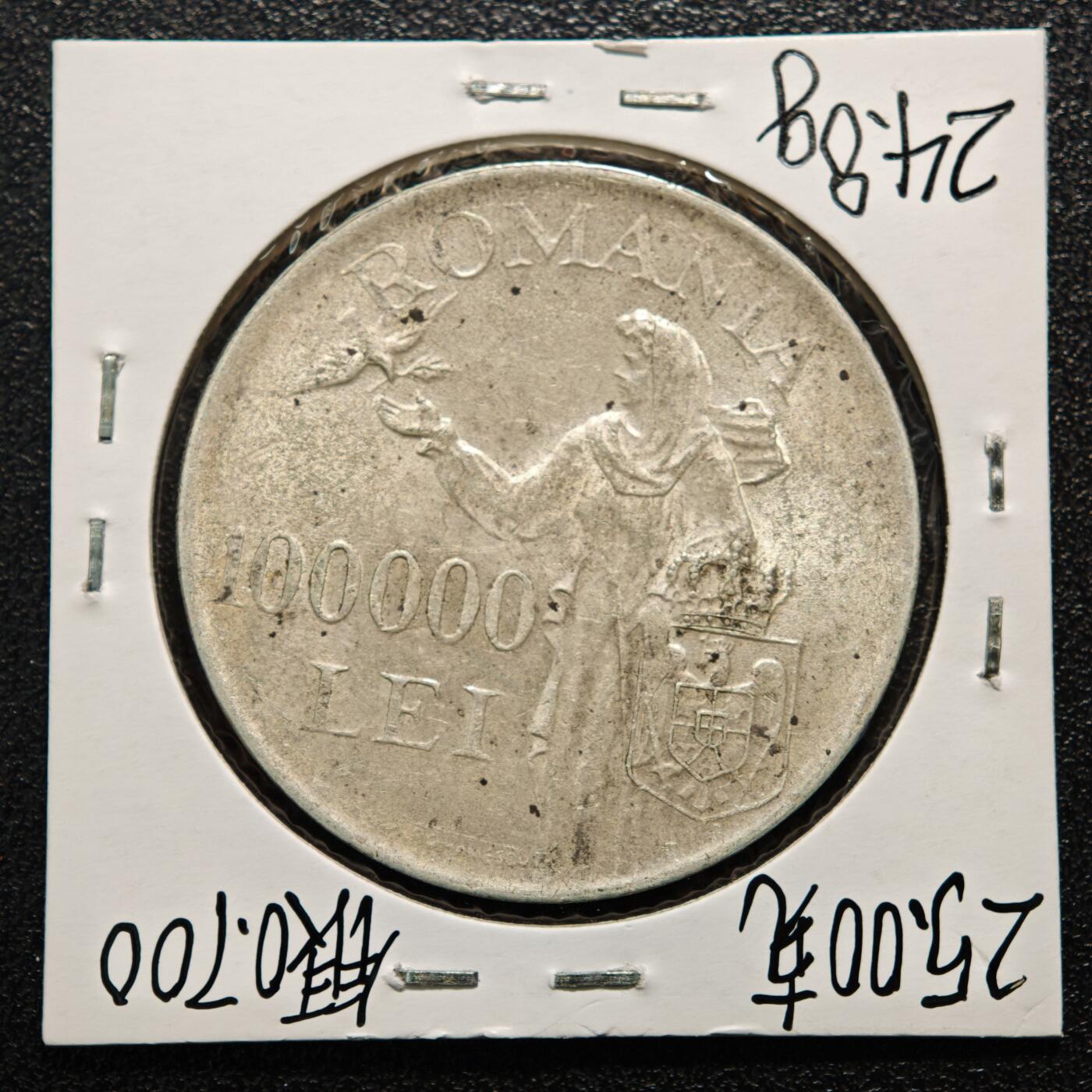 【德藏】世界币章拍卖第164期（拍品征集中~欢迎藏友联系） 老藏家集藏系列之-1946年 罗马尼亚10万列伊银币 700银 直径约：37mm；重约：25g 入册20余年·附有当年购入价