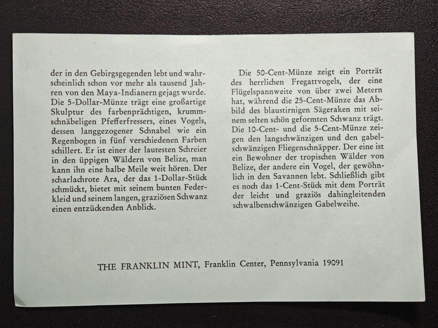 【德藏】世界币章拍卖第164期（拍品征集中~欢迎藏友联系） 1974年 伯利兹本土鸟类精制币套装 其中5元及10元为银币 925银 总重56.2g