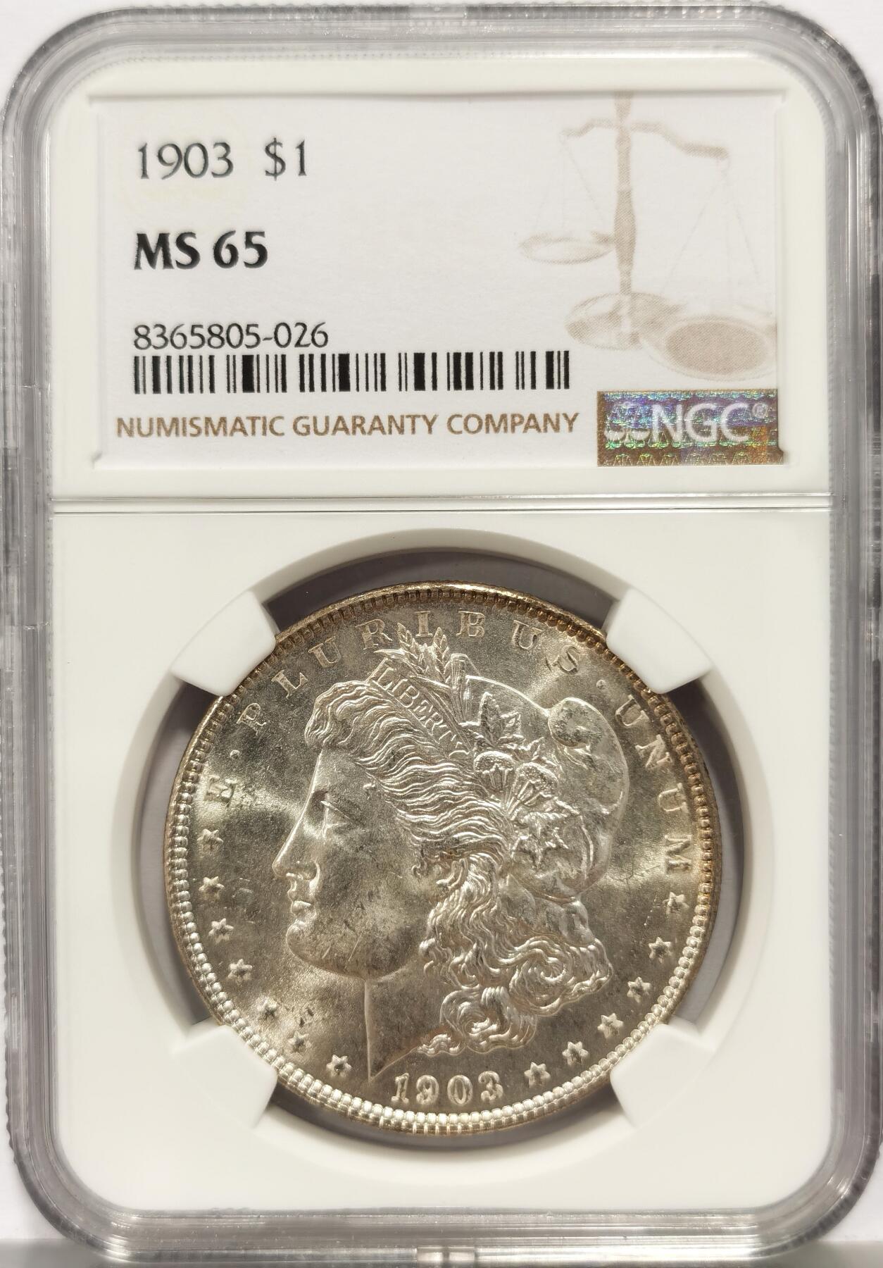 博洋堂“心向春光”2月精品大拍专场暨第160期（全场包邮） NGC MS65 美国1903年P版摩根$1银币 因大部分被销毁导致存世量稀少 此枚原光强烈 图案细节锐利 值得收藏