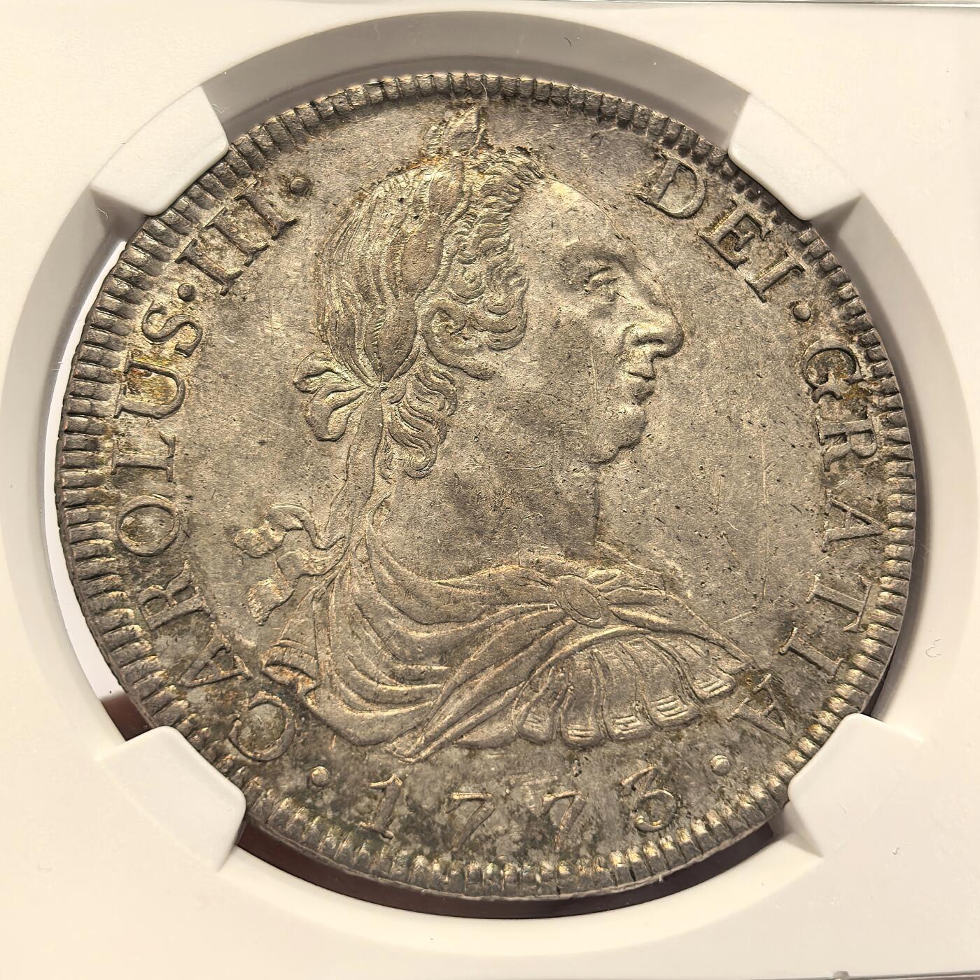 博洋堂“心向春光”2月精品大拍专场暨第160期（全场包邮） NGC AU 西属玻利维亚1773年PTS JR卡洛斯三世双柱8R，二面深打老包浆，状态极好的一枚