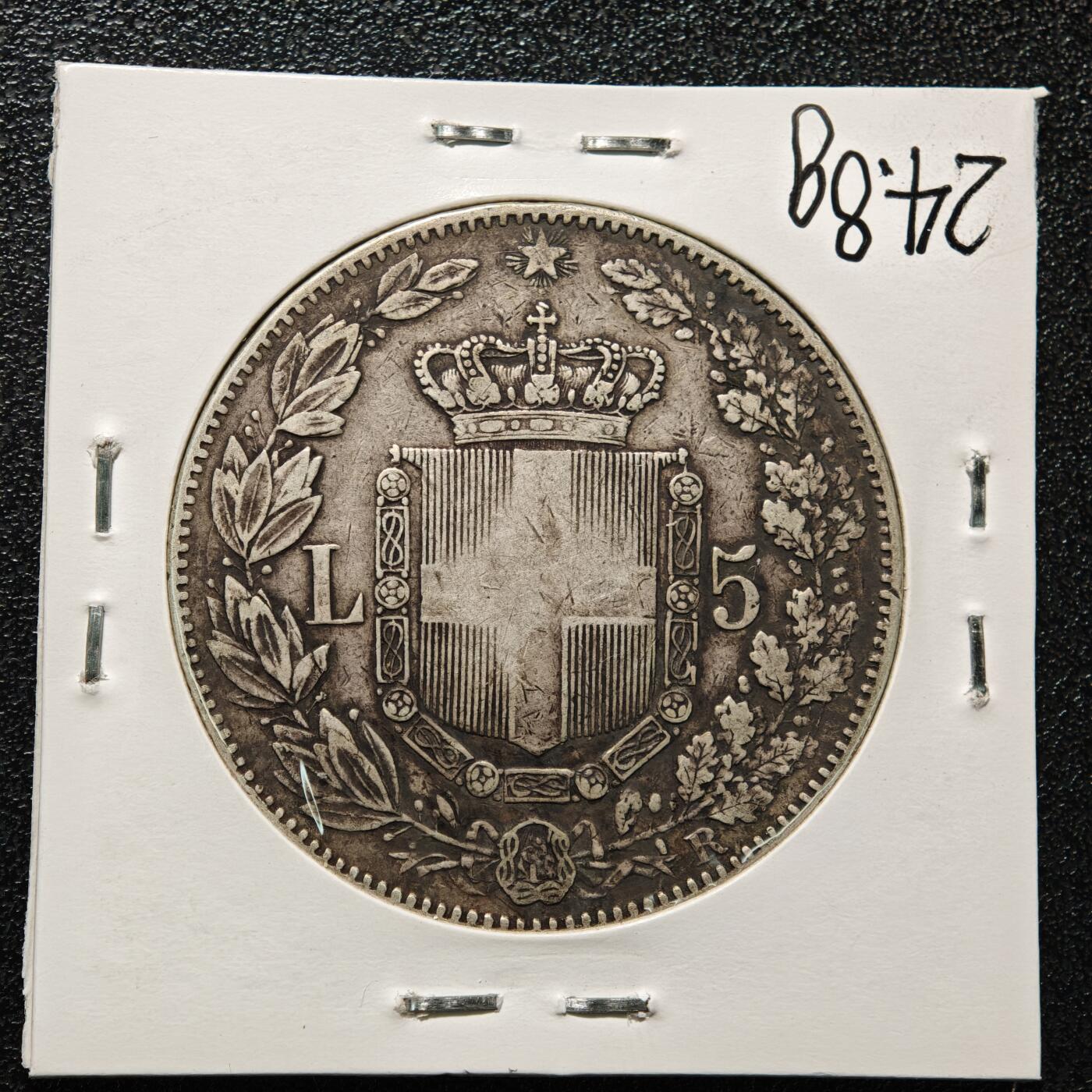 【德藏】世界币章拍卖第164期（拍品征集中~欢迎藏友联系） 老藏家集藏系列之-1879年 意大利5里拉银币 900银 直径约：37mm；重约：25g 入册20余年·附有当年购入价