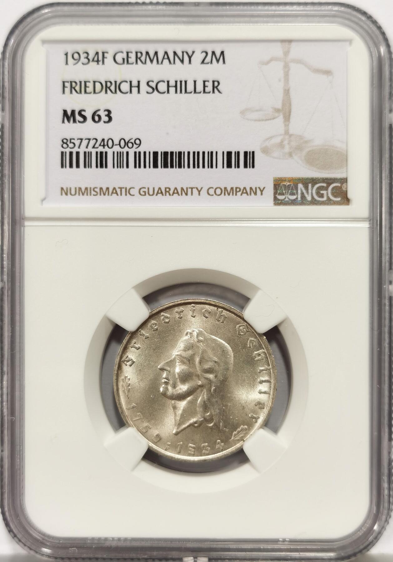 博洋堂“心向春光”2月精品大拍专场暨第160期（全场包邮） NGC MS63 德国1934年席勒2马克纪念银币，转光非常好，比较少见的品种，略有严评