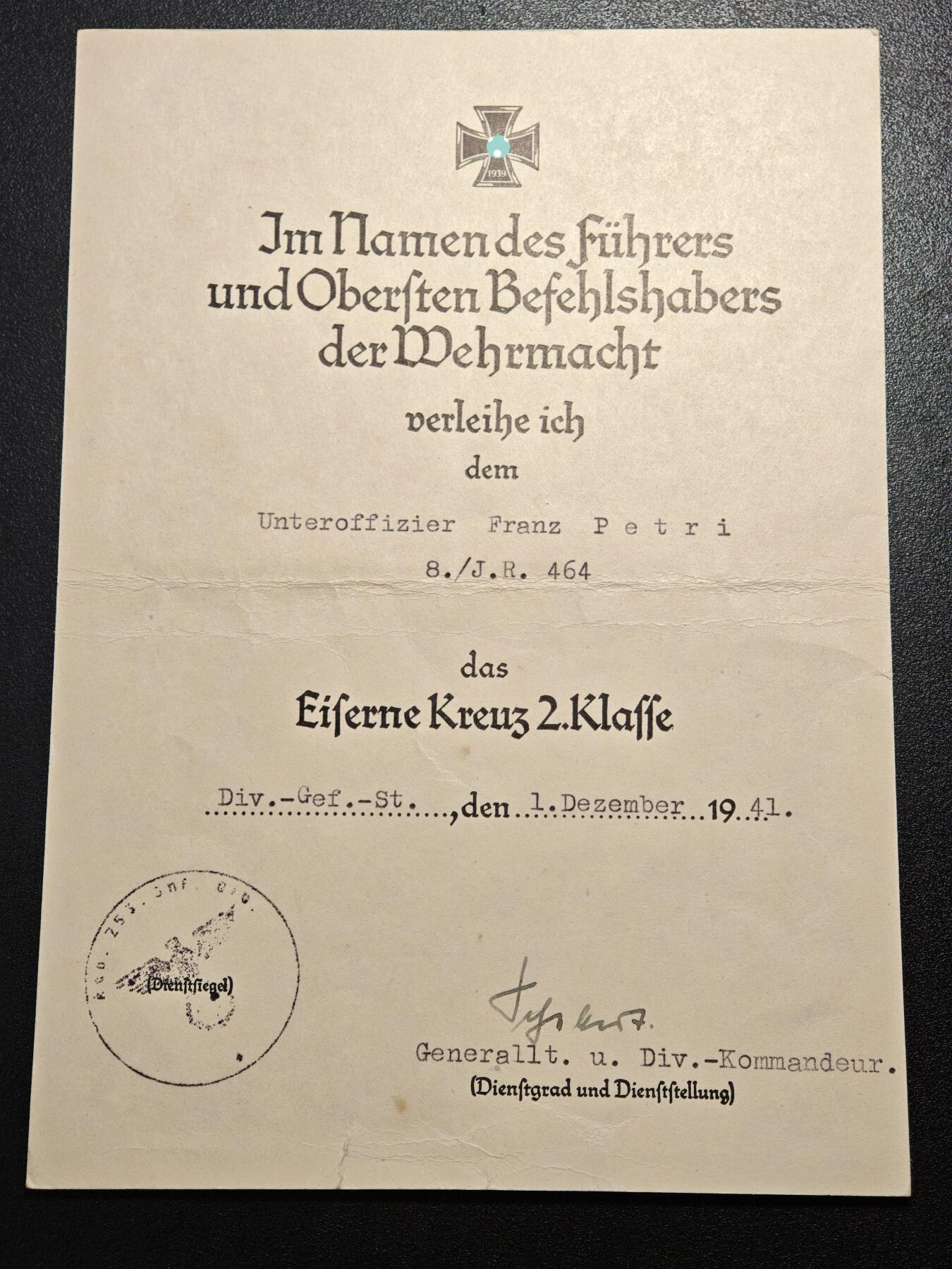 【德藏】世界币章拍卖第164期（拍品征集中~欢迎藏友联系） 德国民族社会主义工人党铁十字勋章证书1941 尺寸约14.1mm×19.8mm（原图请联系客服）